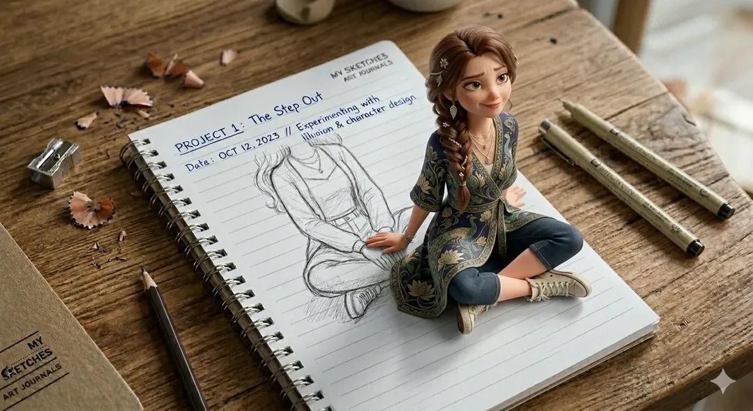 Notebook 3D Pop-Out Girl Illusion Illustration