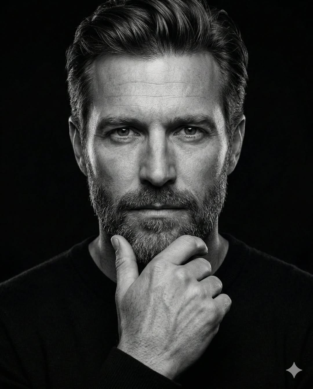 High-Contrast Black & White Thinker Pose Art Portrait