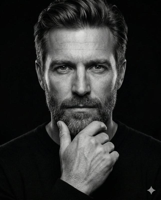 High-Contrast Black & White Thinker Pose Art Portrait
