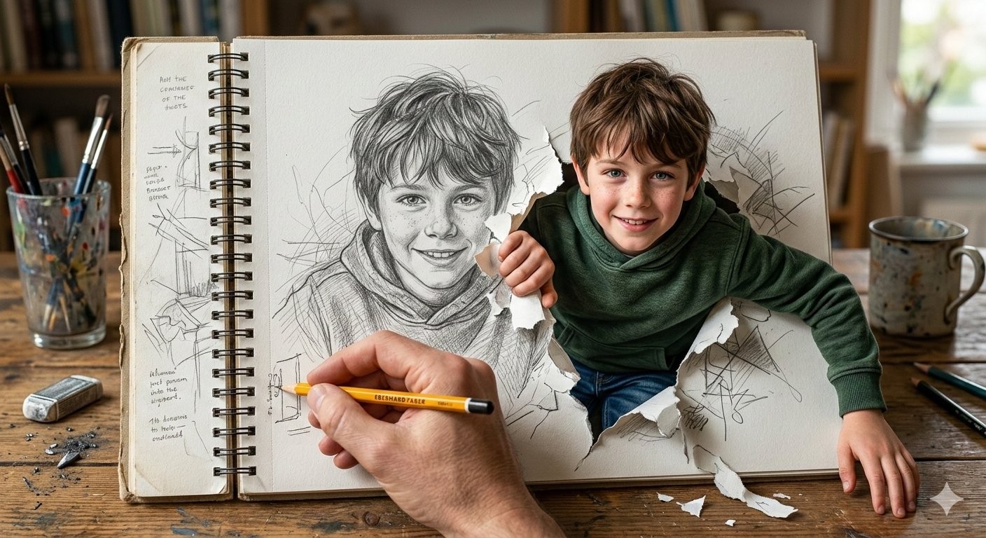 Sketchbook 3D Pop-Out Boy Artist Studio Illusion