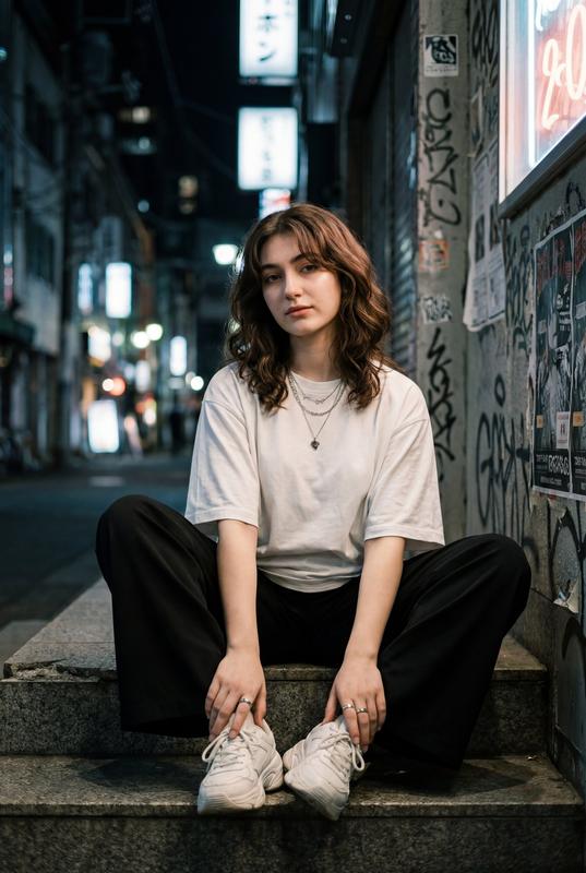 Urban Night Alley Street Fashion Female Sitting Portrait