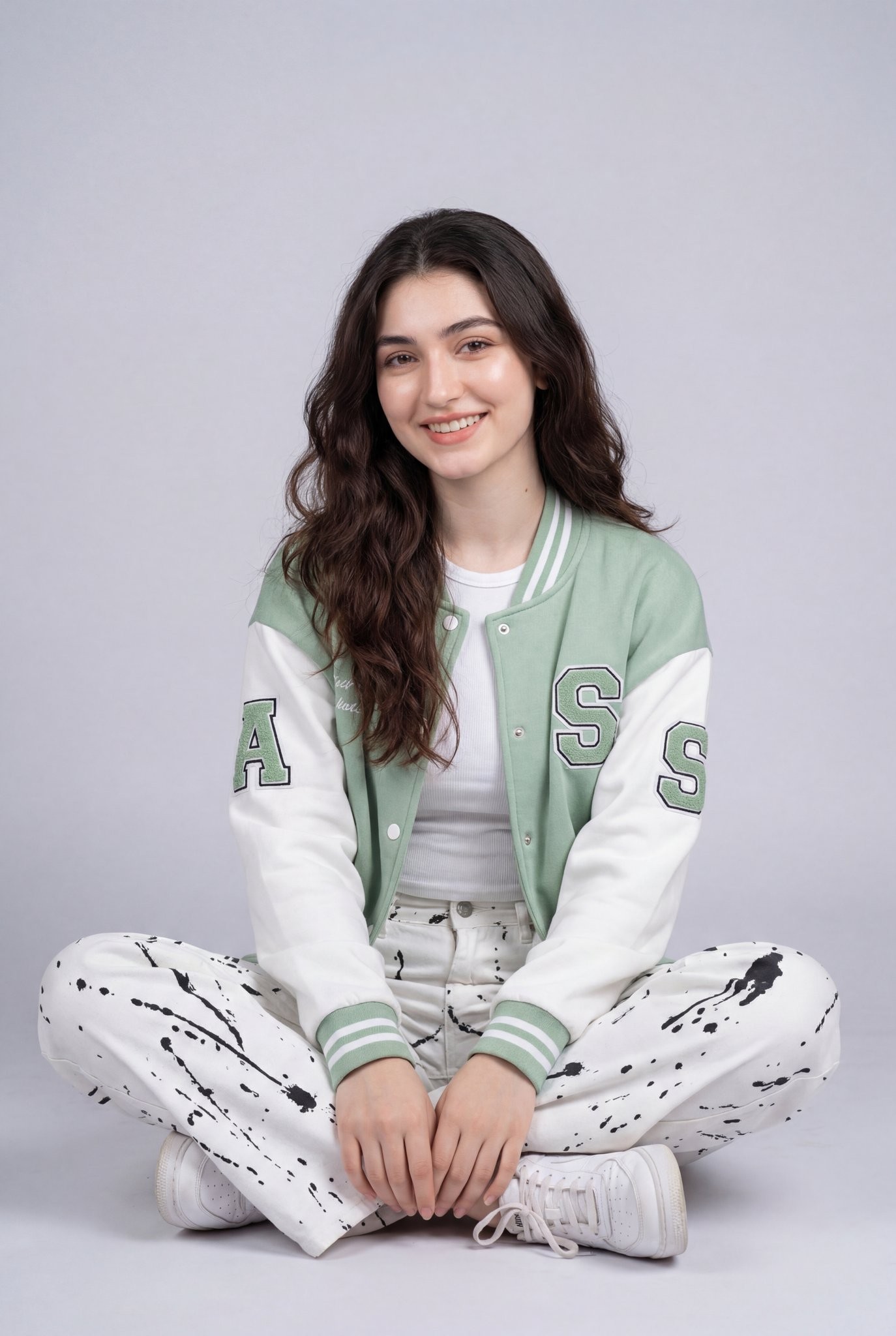 Gray Background Varsity Jacket Cross-Legged Smile Studio Portrait