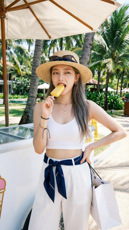 Tropical Resort Popsicle White Outfit Sunny Girl Portrait