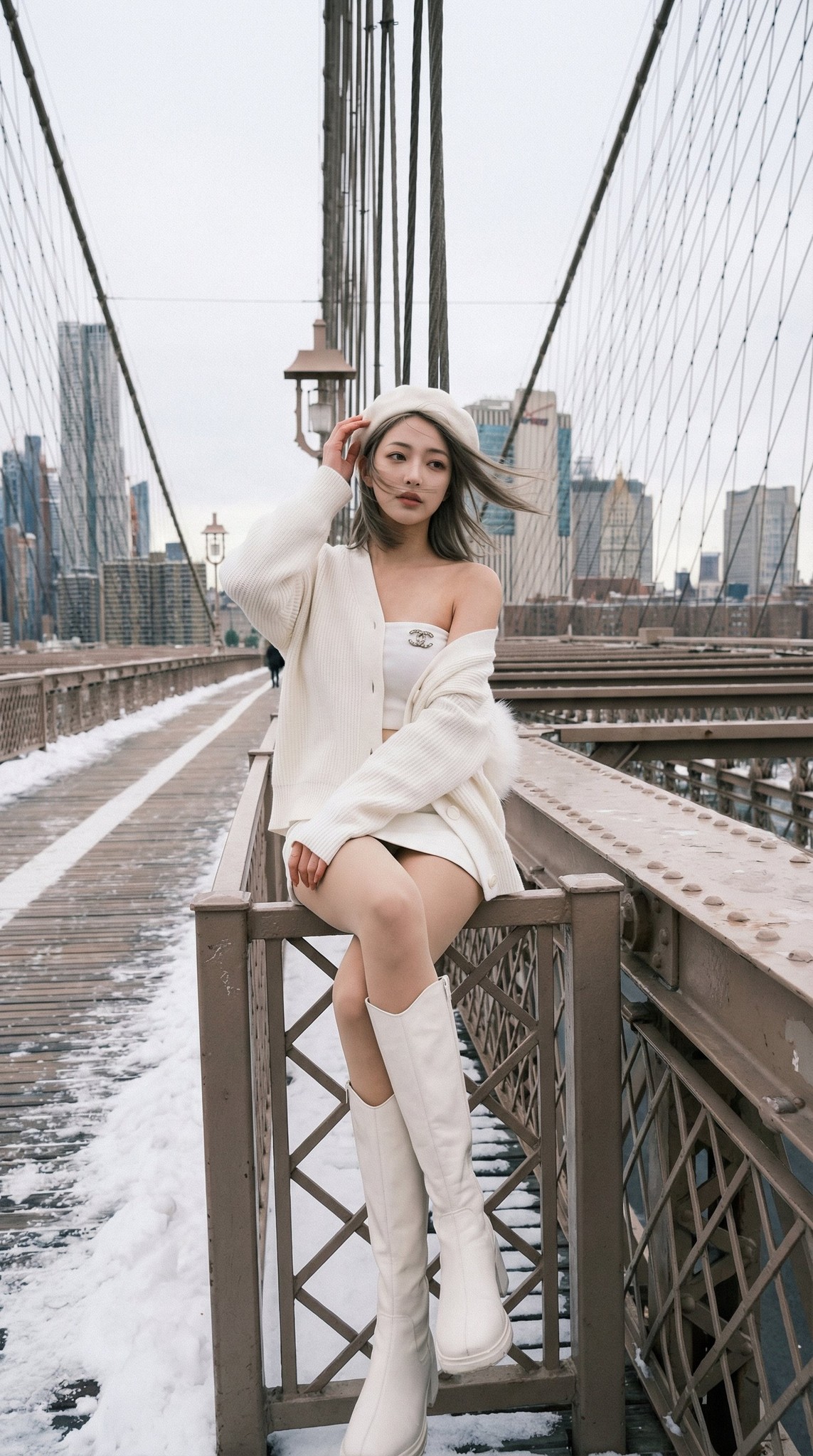 Brooklyn Bridge Winter All-White Outfit Elegant Portrait