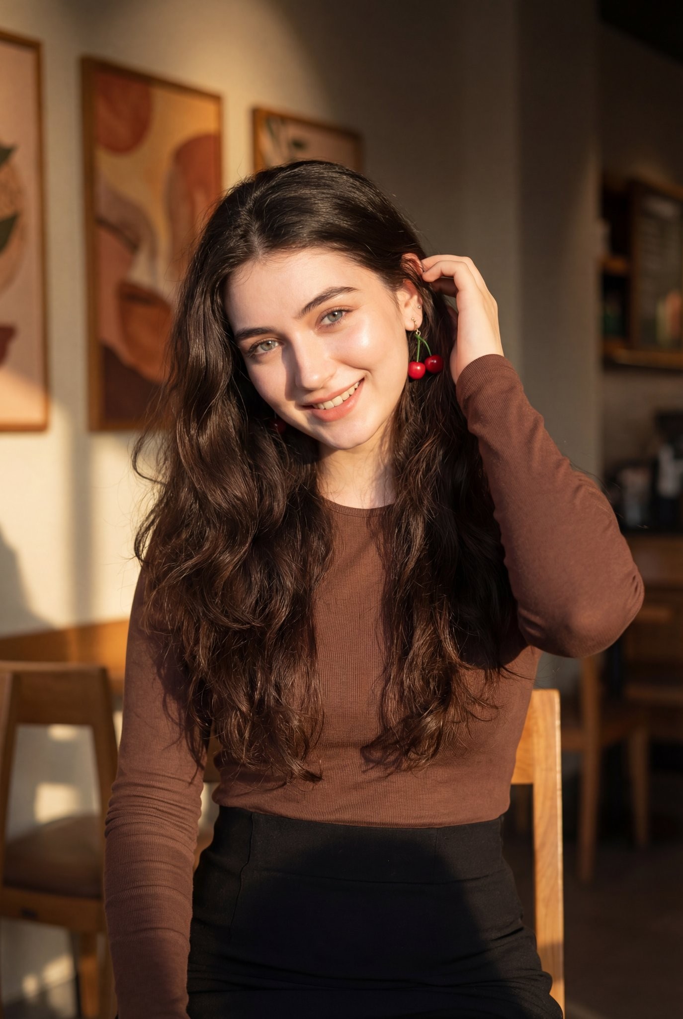 Café Warm Light Cherry Earring Smiling Girl Portrait