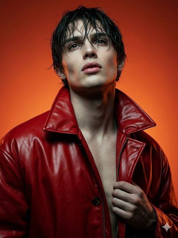 Red Leather Jacket Male Model Cinematic Portrait