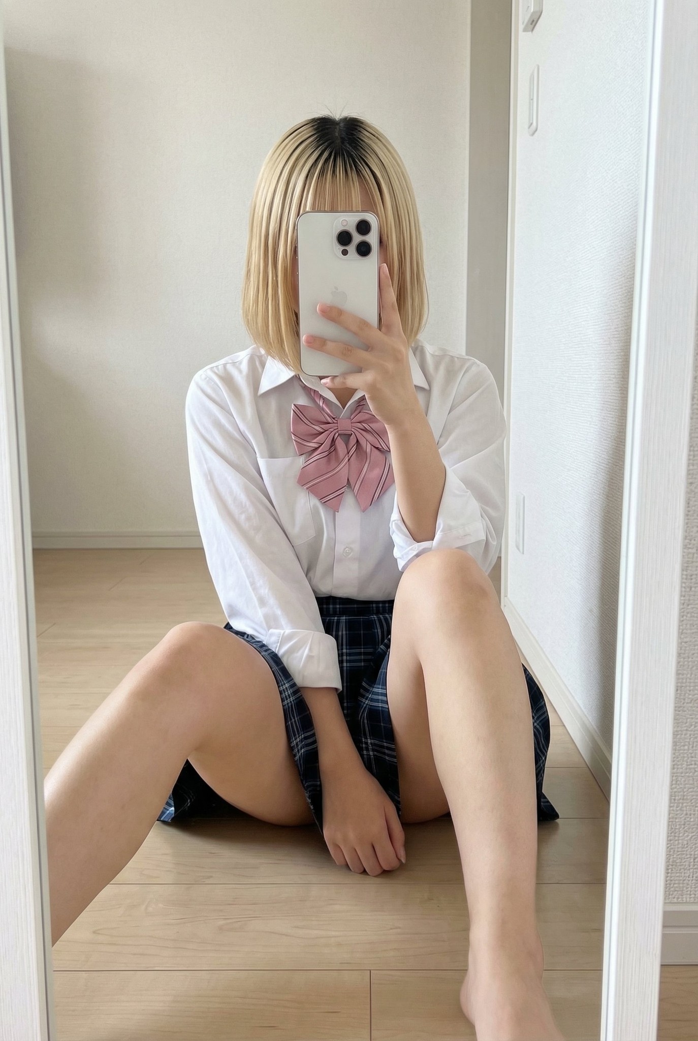 JK Uniform Mirror Phone-Hidden Face Selfie Portrait