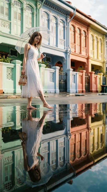 Singapore Peranakan Colorful Shophouses Post-Rain Puddle Reflection Portrait