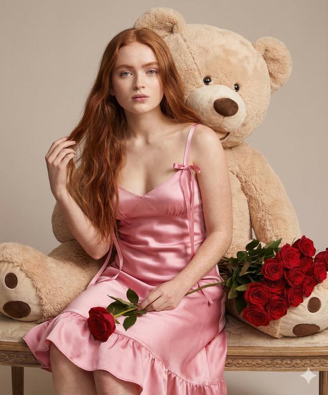 Teddy Bear Pink Satin Rose Romantic Portrait