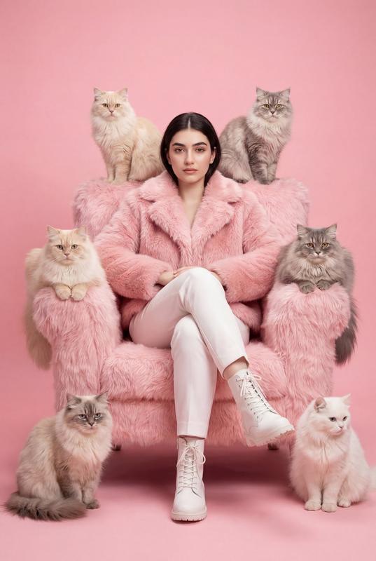 Pink Faux-Fur Armchair Fluffy Cats Fashion Editorial Portrait
