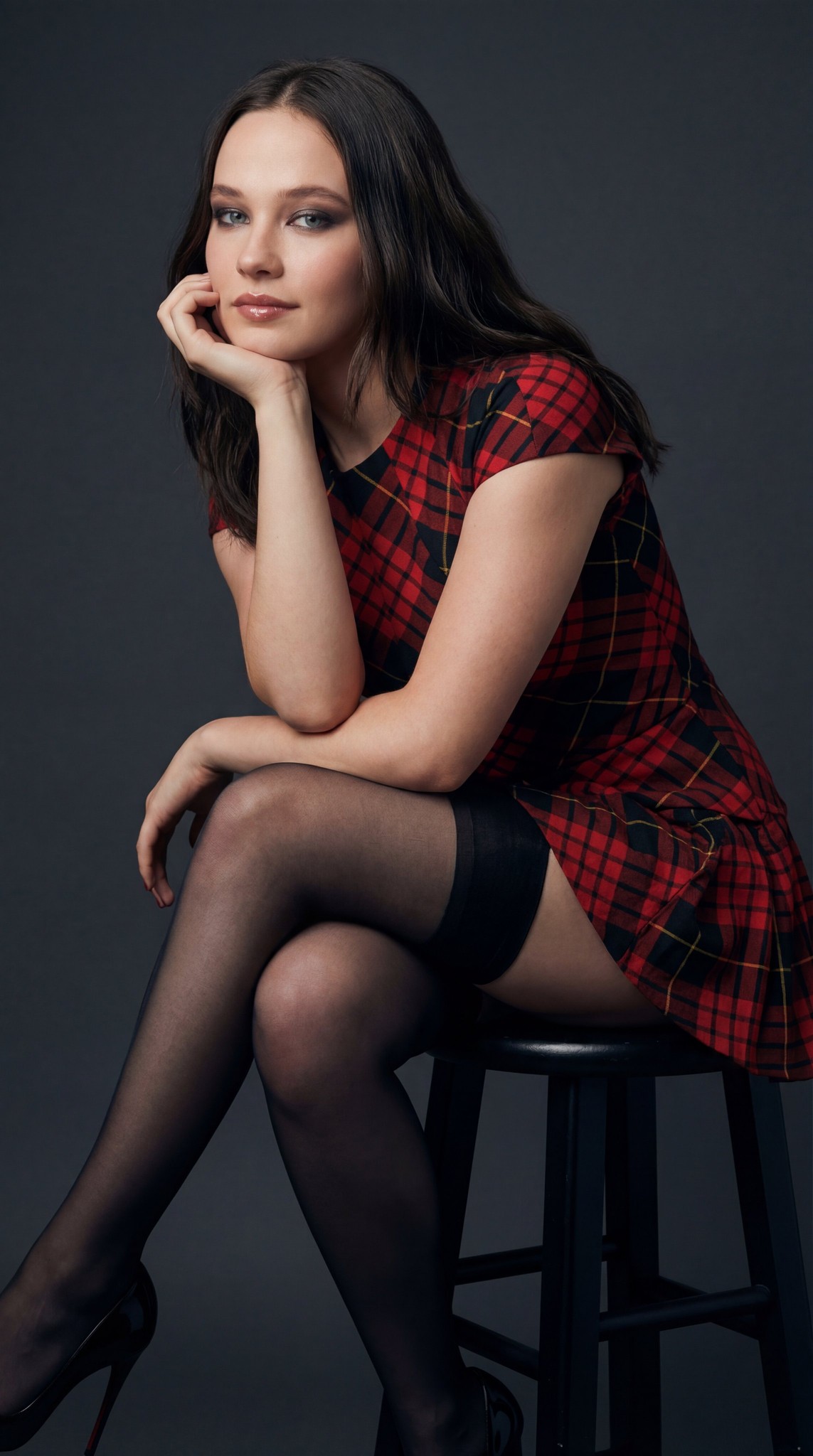 Dark Gray Studio High Heels Luxury Fashion Editorial Portrait