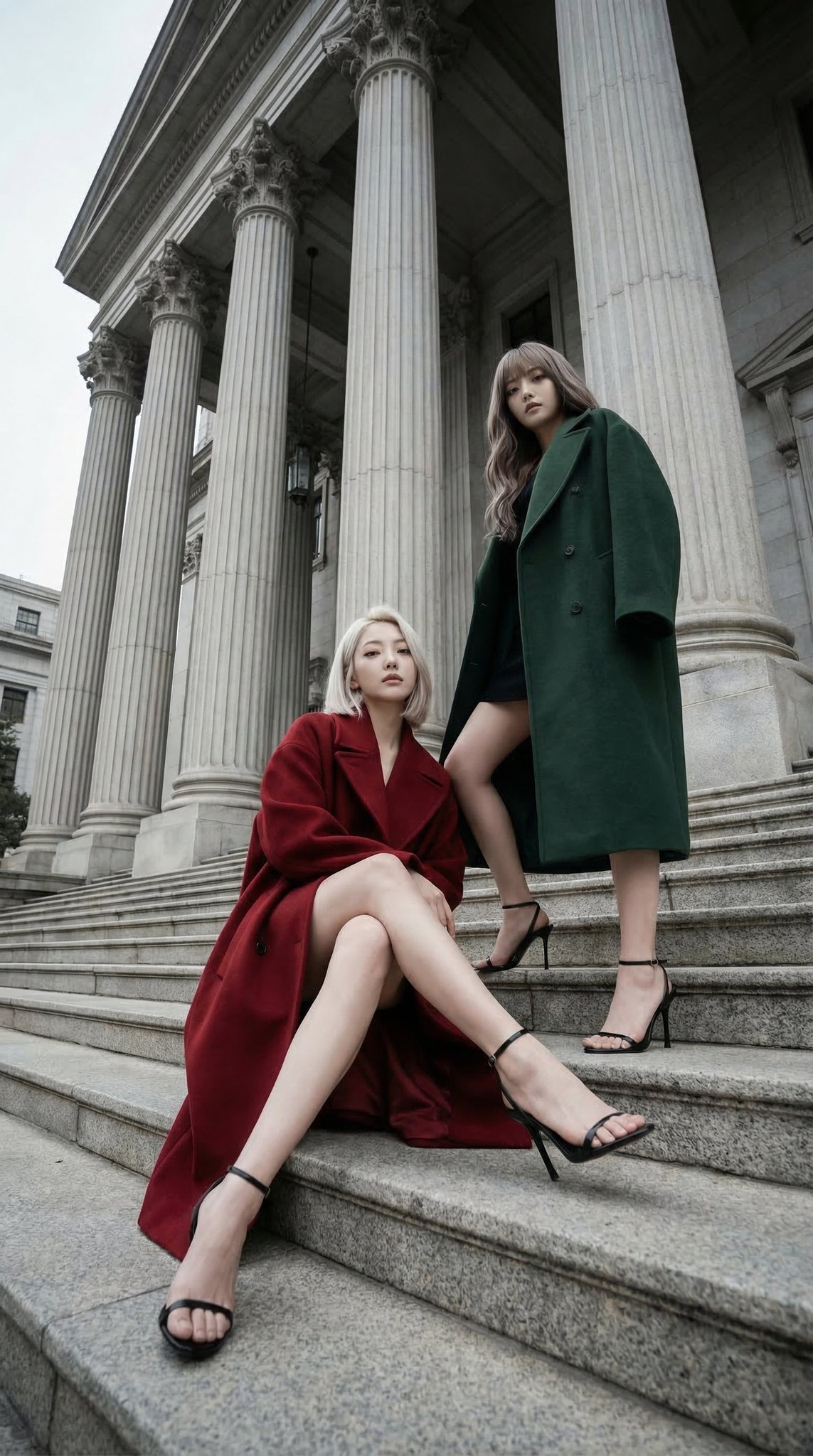 Neoclassical Columns Red Green Color-Block Duo Fashion Editorial Portrait
