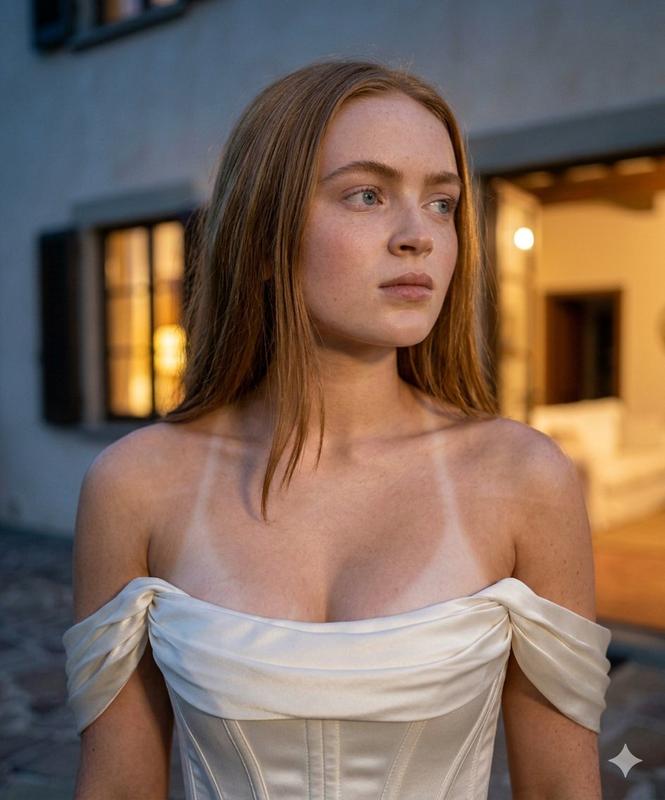 Twilight Villa Courtyard White Satin Gown Cinematic Portrait