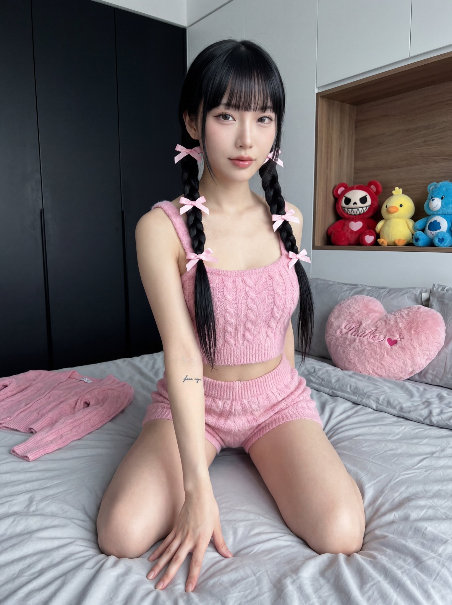Pink Knit Sweet Japanese Girl Bedroom Portrait