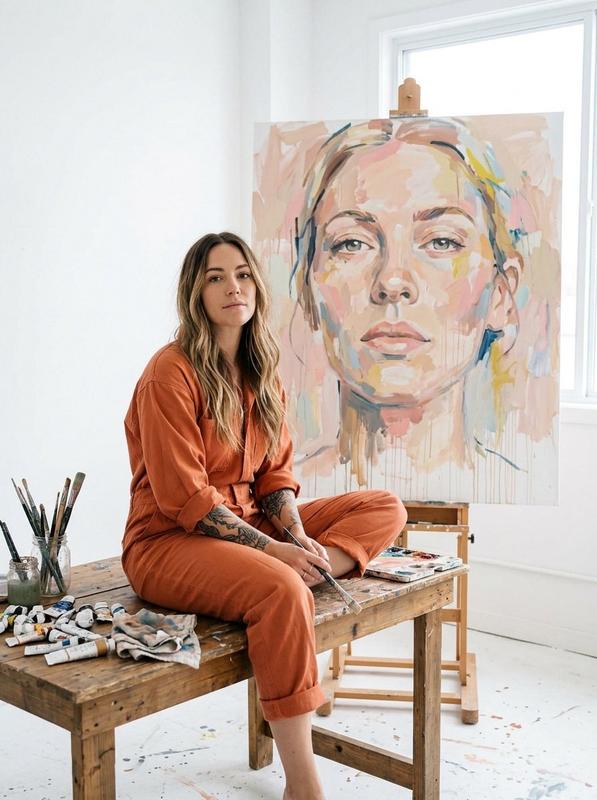 Minimalist Art Studio Female Artist Jumpsuit Editorial Portrait