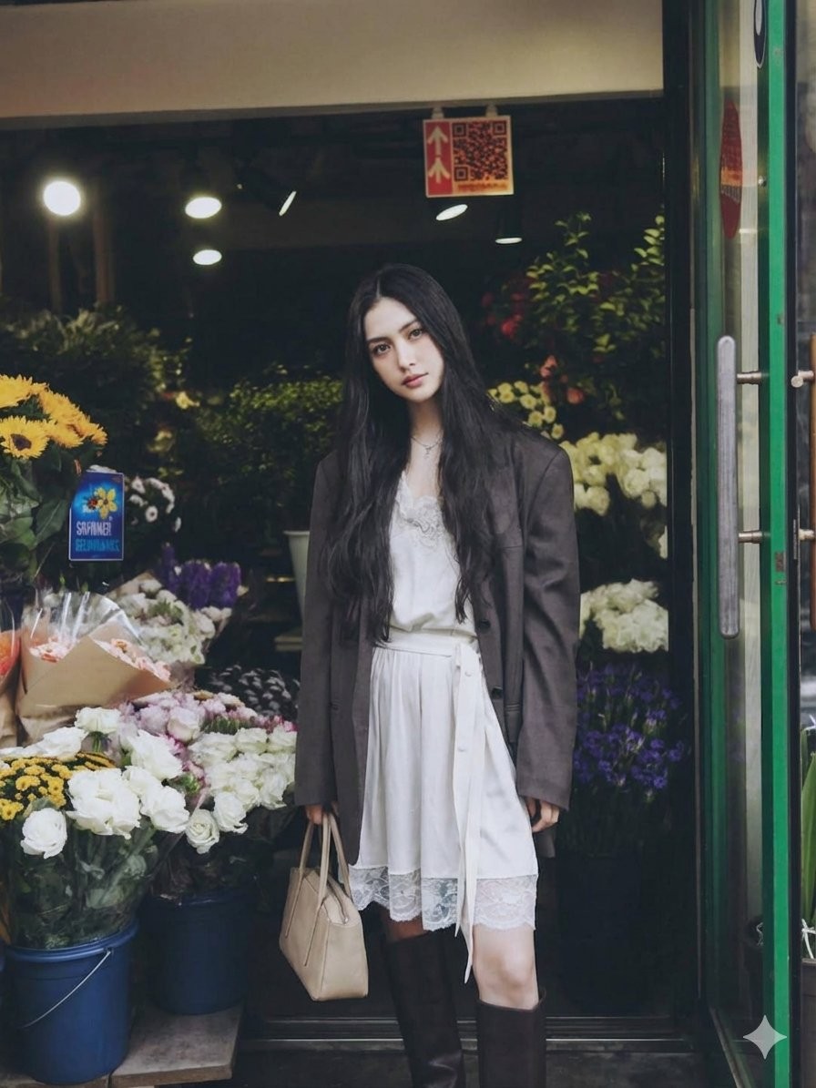 Flower Shop Doorway White Silk Dress Brown Blazer Street Style Portrait