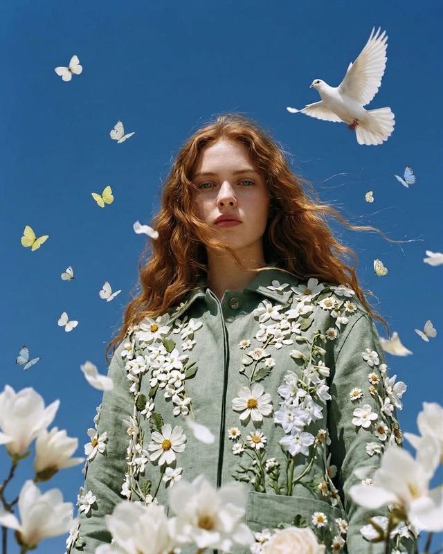 Floral Editorial Doves Butterflies Blue Sky Ethereal Fashion Portrait