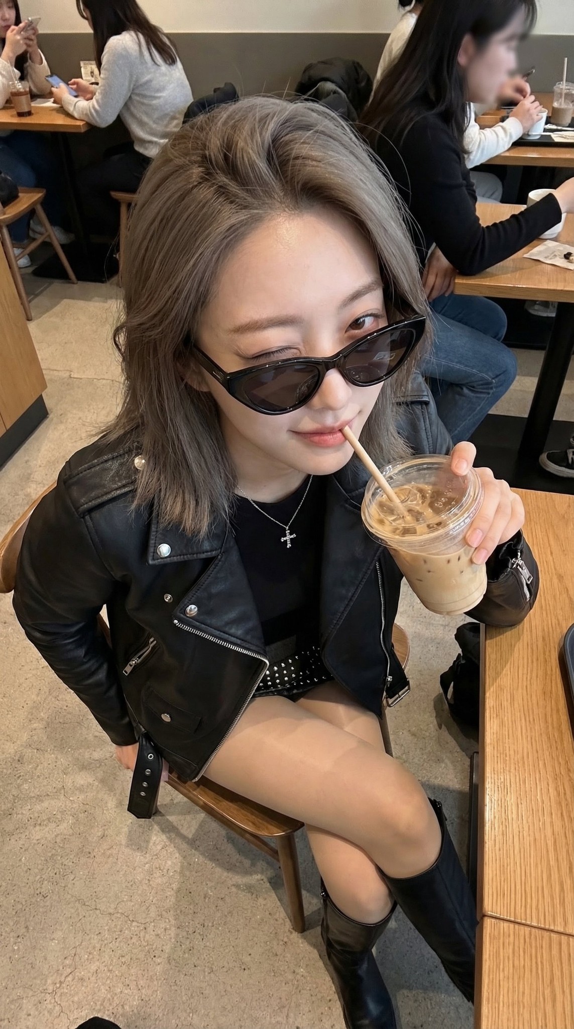 Cafe Iced Coffee Leather Jacket Sunglasses Cool Girl Portrait