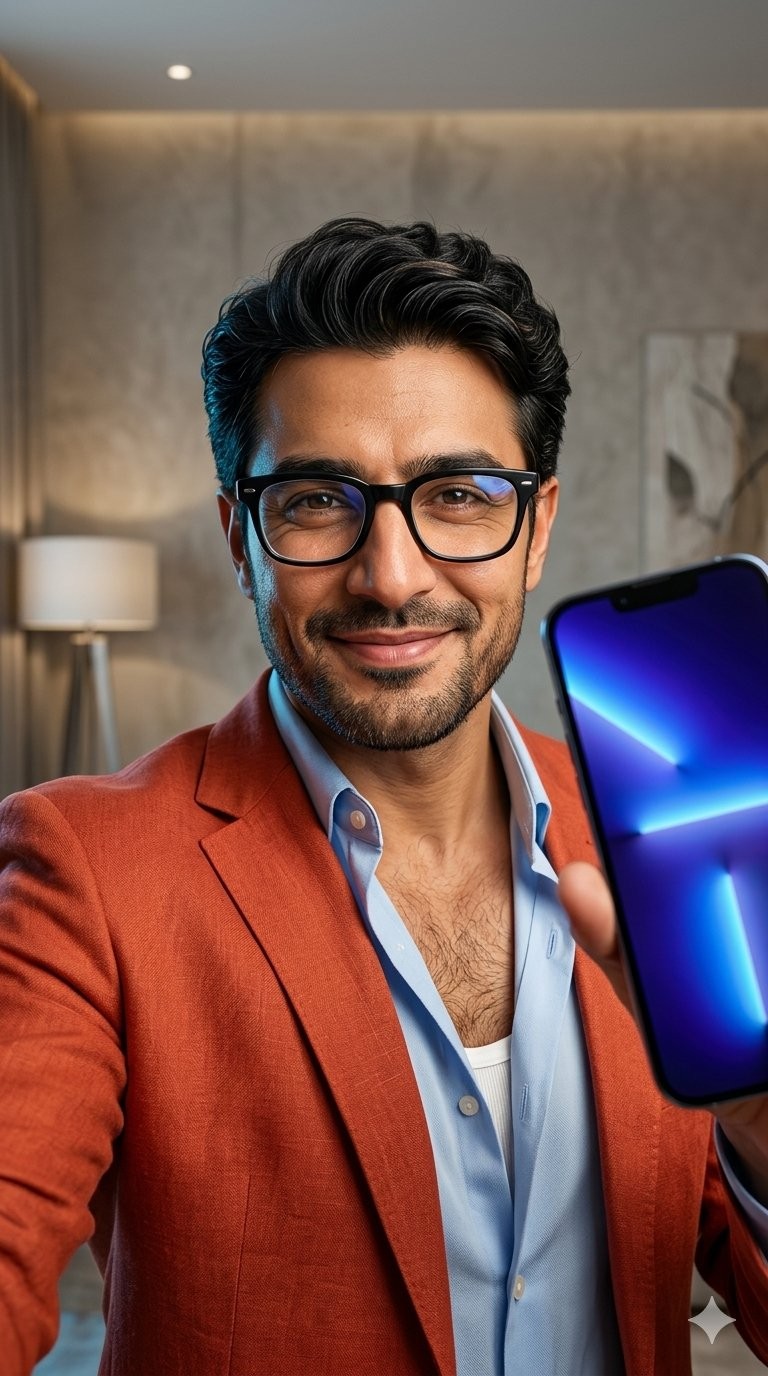 South Asian Orange Blazer Smartphone Warm Professional Male Portrait
