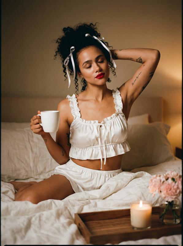White Satin Pajama Breakfast In Bed Eyes Closed Film Portrait