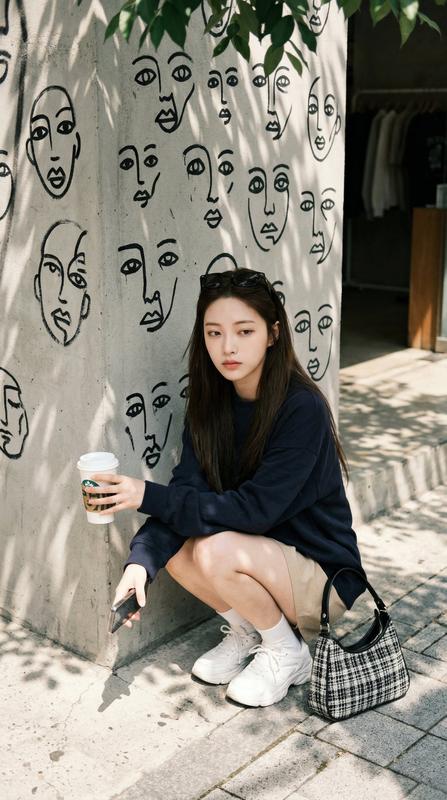Graffiti Wall Crouching Coffee Cup Street Art Casual Portrait