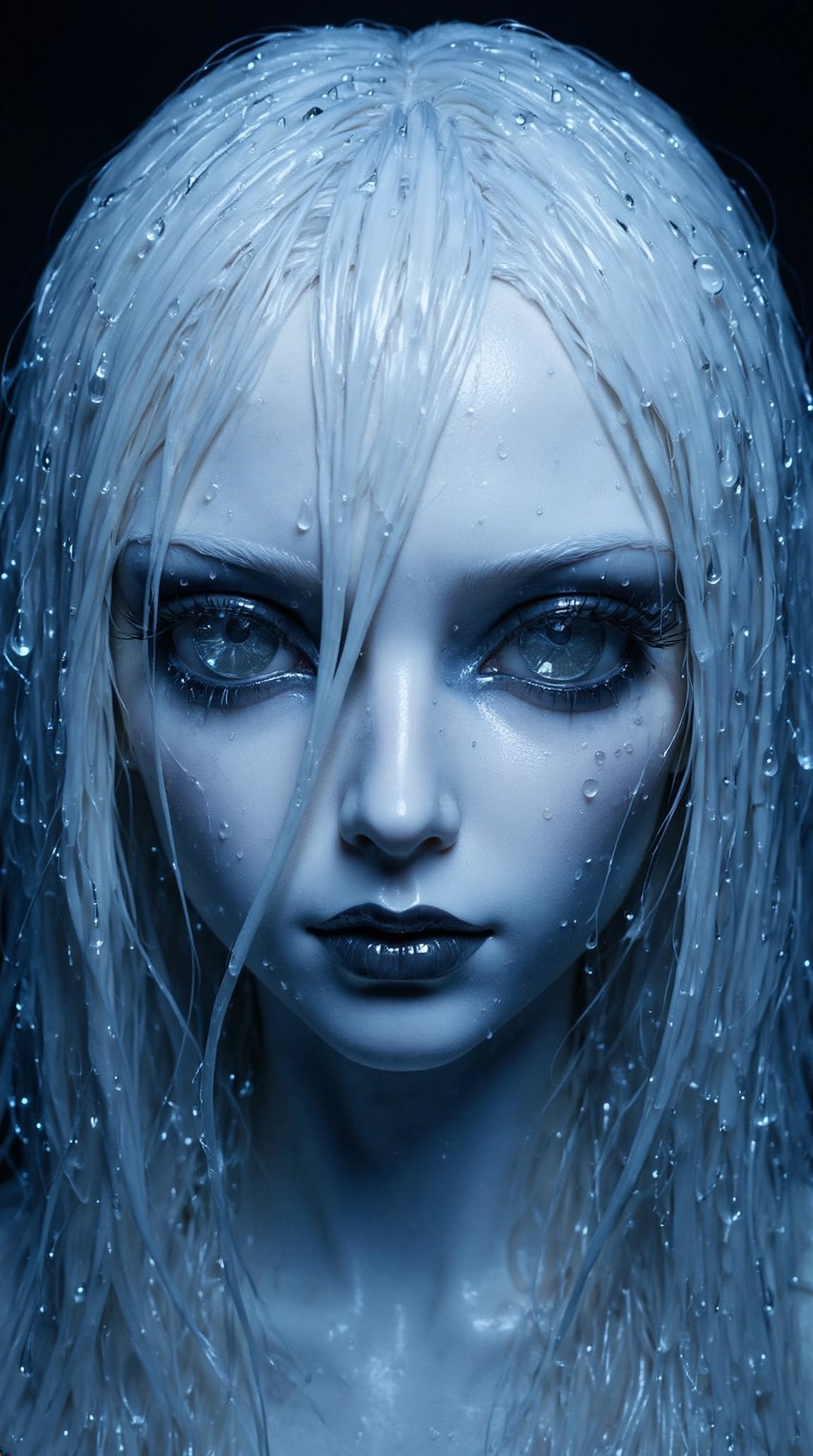 BJD Doll Dark Wet Hair Blue Light Overhead Horror Portrait