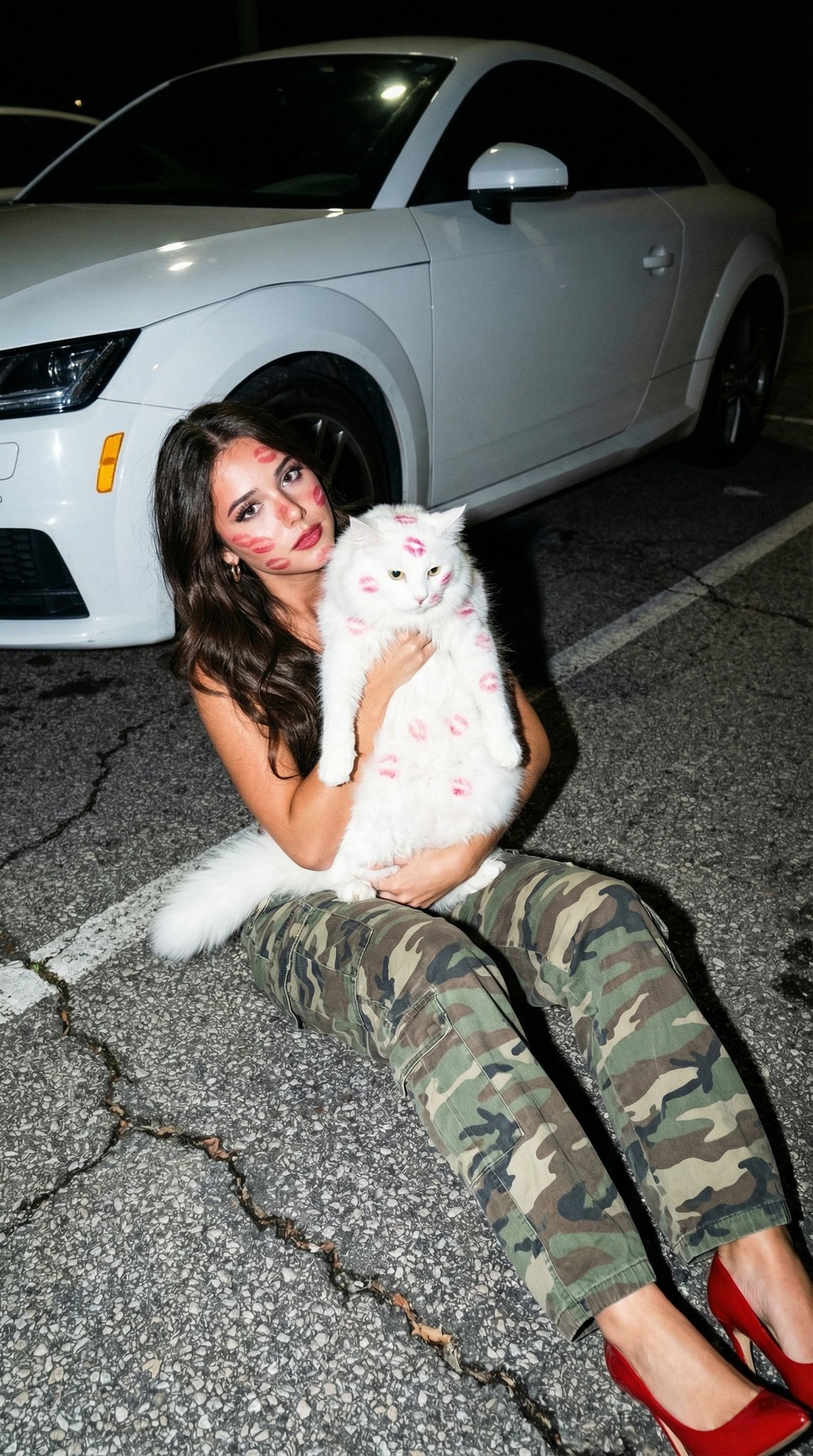 Night Sports Car White Cat Camo Pants Flash Edgy Street Portrait