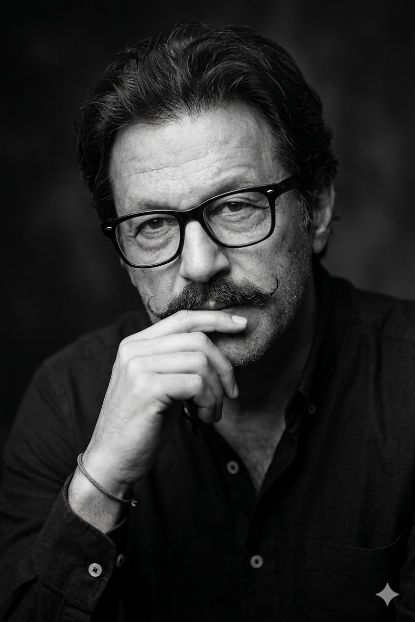 Black White Classic Male Curly Hair Glasses Handlebar Mustache Pensive Portrait