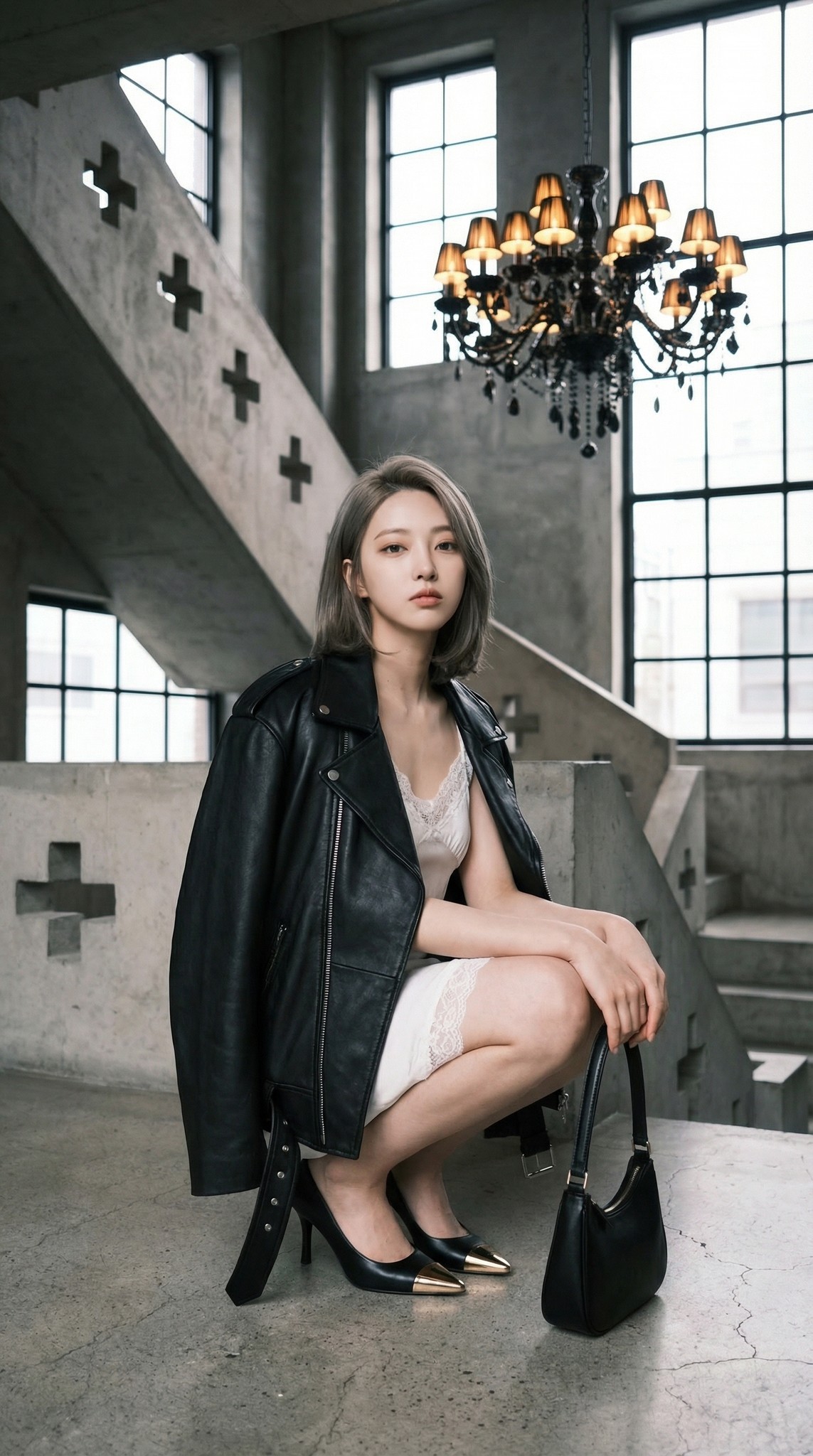 Gothic Interior Stair Crouch Leather Jacket Lace Editorial Portrait