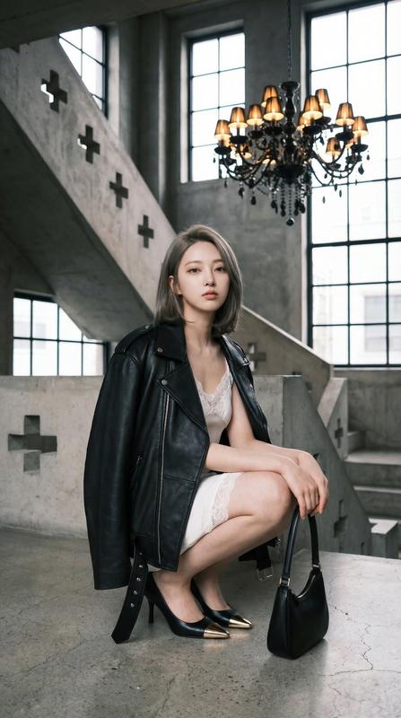 Gothic Interior Stair Crouch Leather Jacket Lace Editorial Portrait