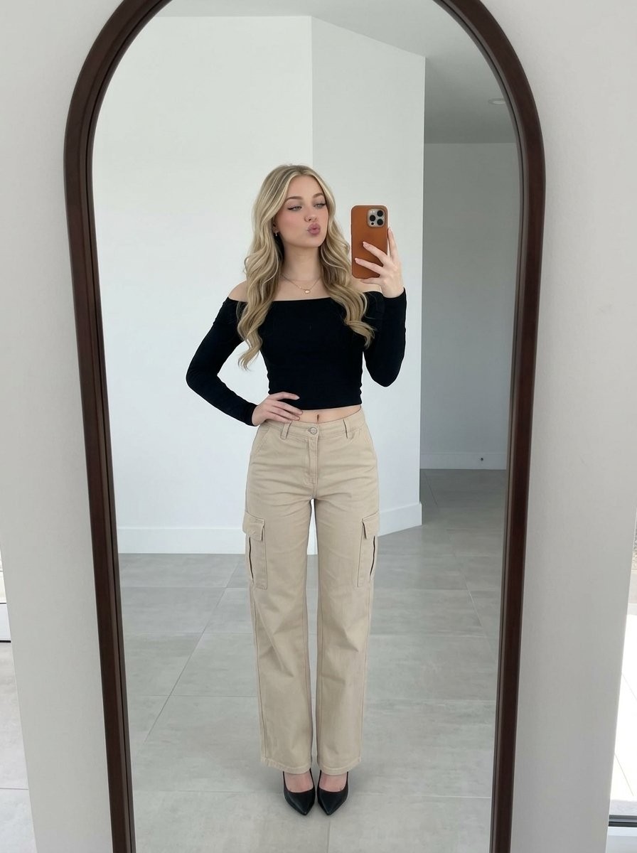 Arched Mirror Selfie Blonde Wavy Hair Cargo Pants Heels Portrait