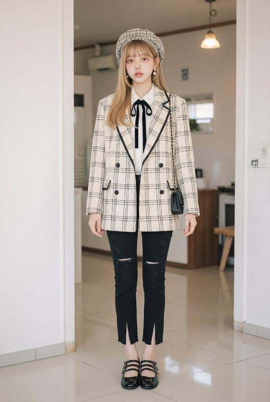 Plaid Tweed Blazer Beret Vintage Outfit