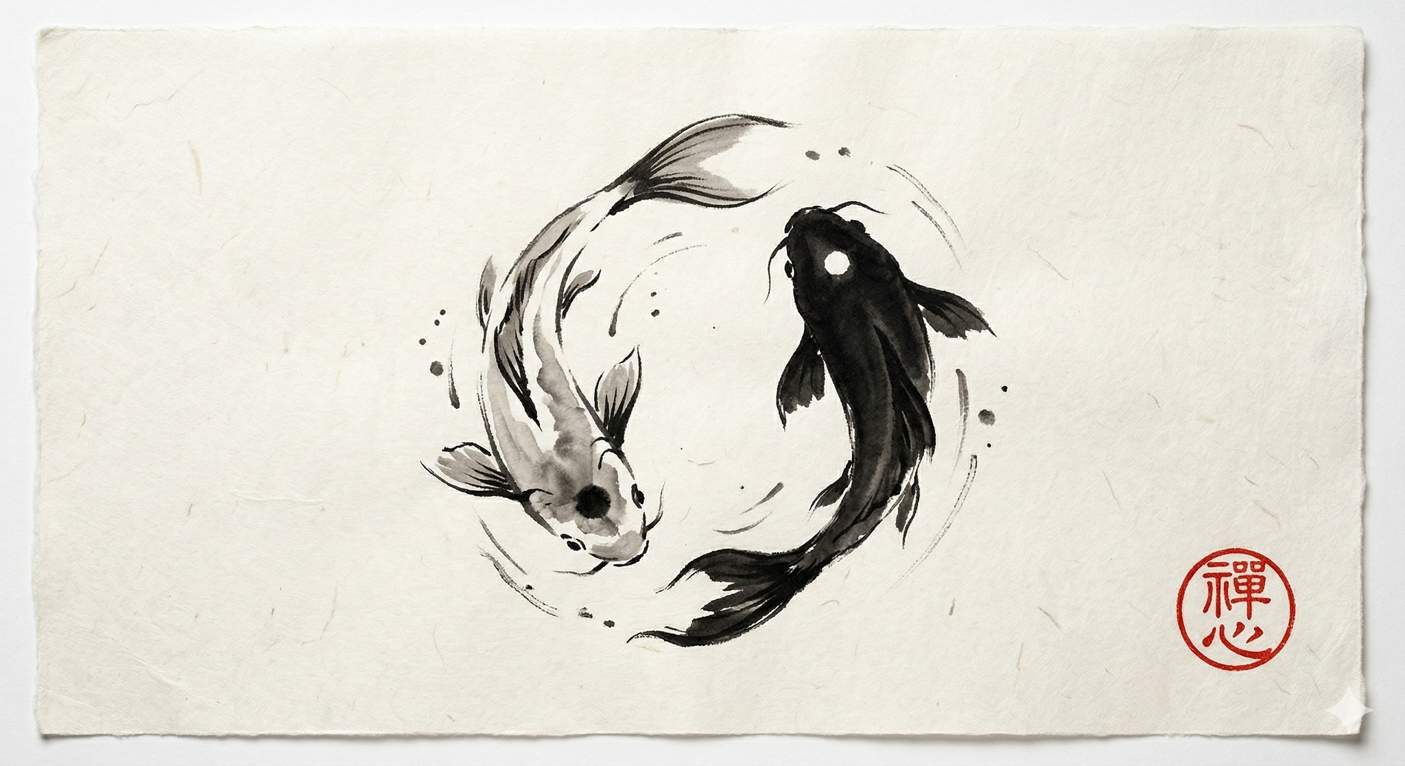 Yin Yang Koi Fish Sumi-e Ink Painting