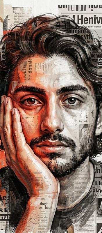 Vintage Newspaper Collage Mixed-Media Digital Painting Portrait