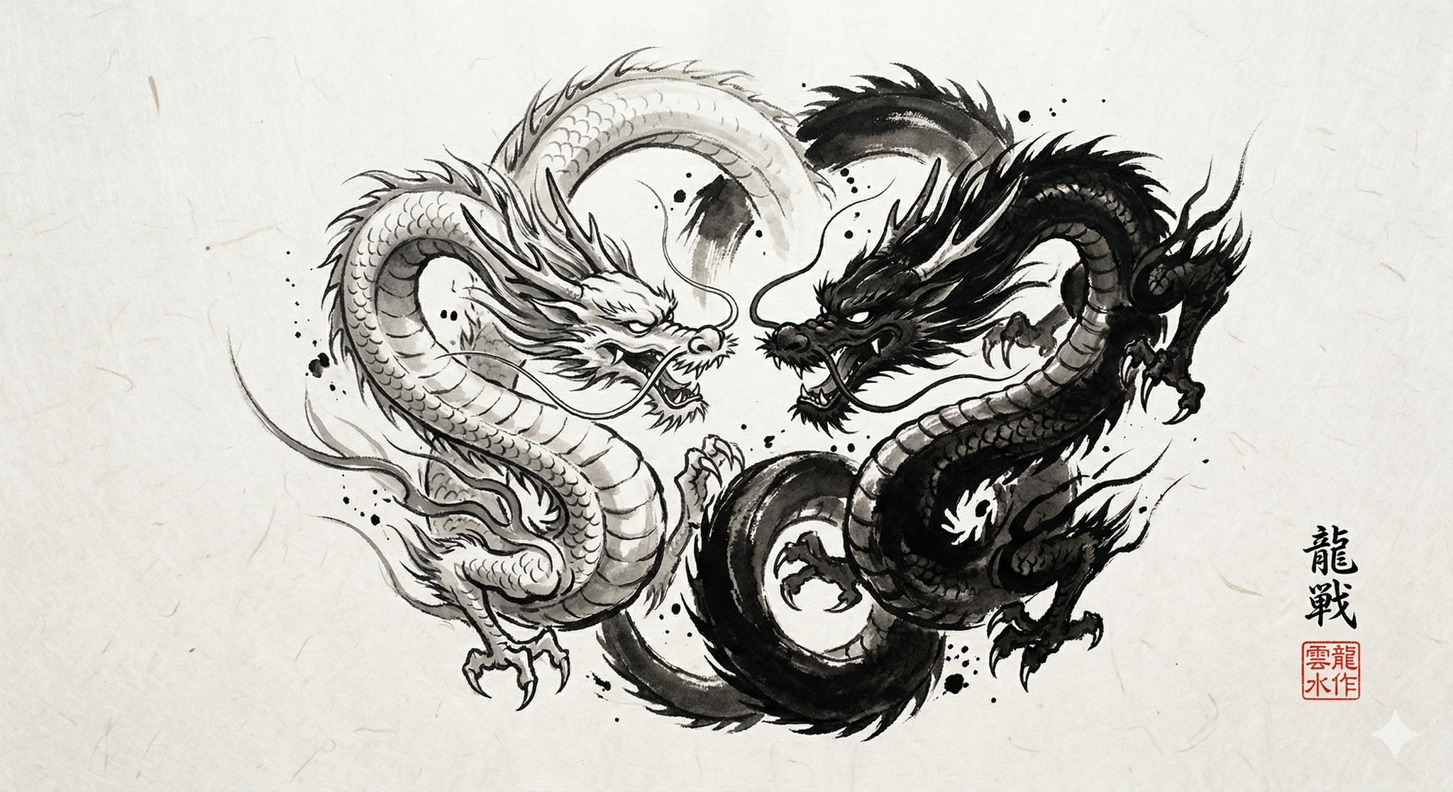 Yin Yang Twin Dragons Sumi-e Ink Painting