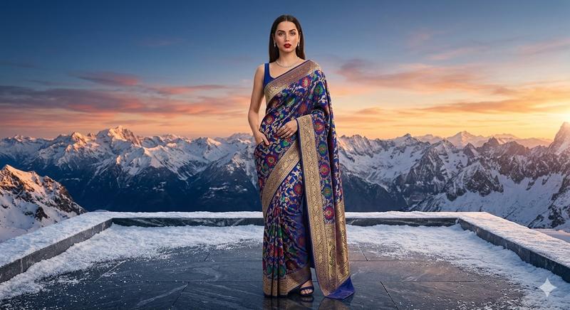 Snow Mountain Sunset Indian Saree High Fashion Portrait