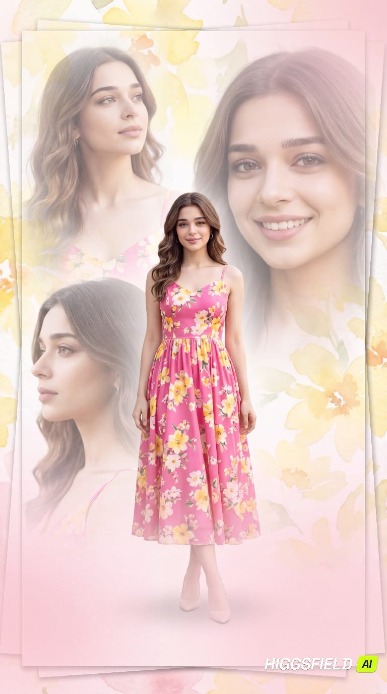 Watercolor Floral Dreamy Multi-Layer Collage Pink Dress Portrait