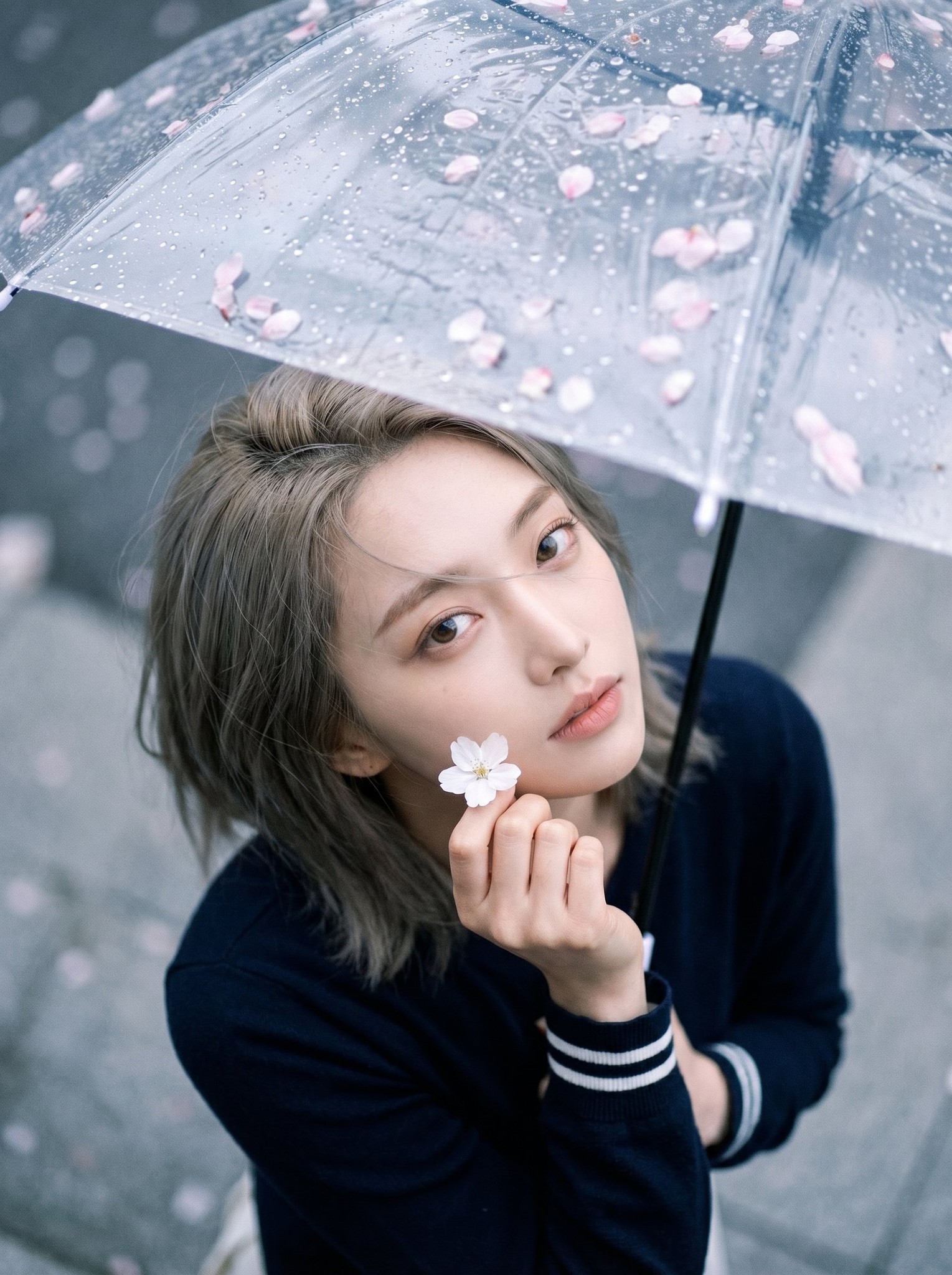 Rainy Day Transparent Umbrella Cherry Petal Top-Down Portrait