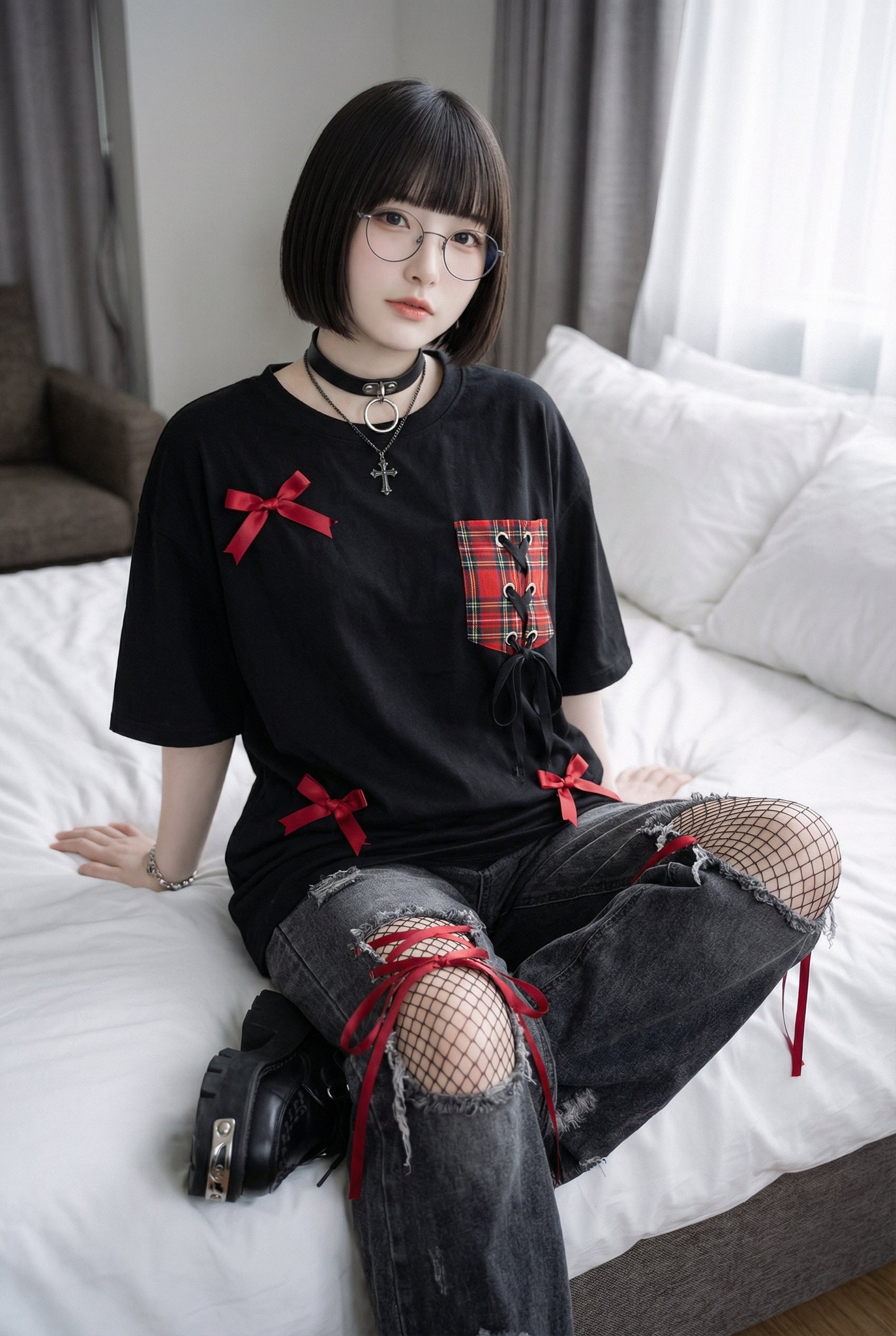 Dark Gothic Punk Red Ribbon Tartan Fashion Outfit