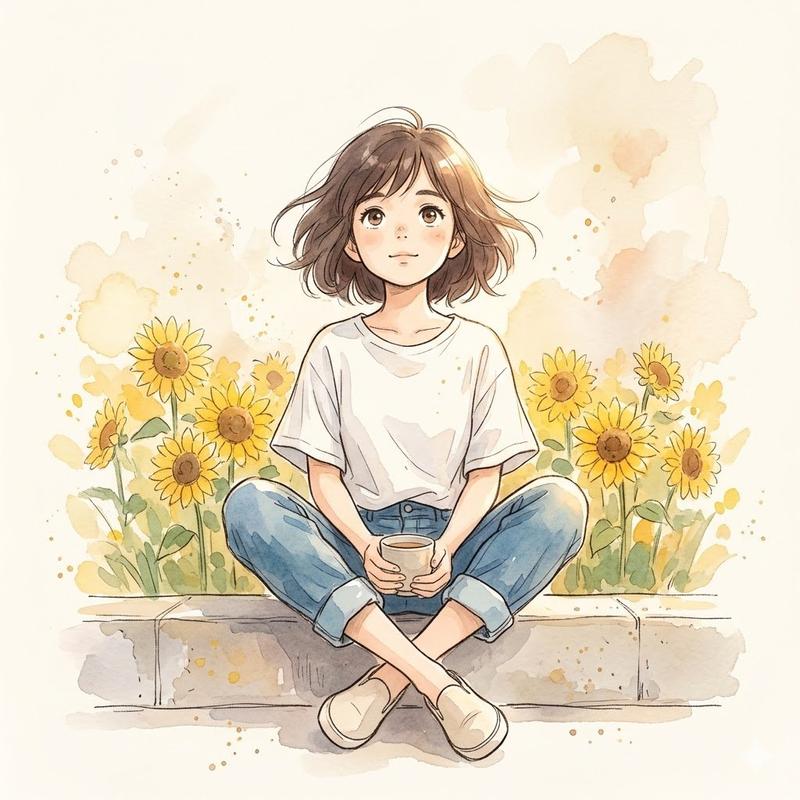 Watercolor Anime Sunflower Girl Ghibli Style Illustration