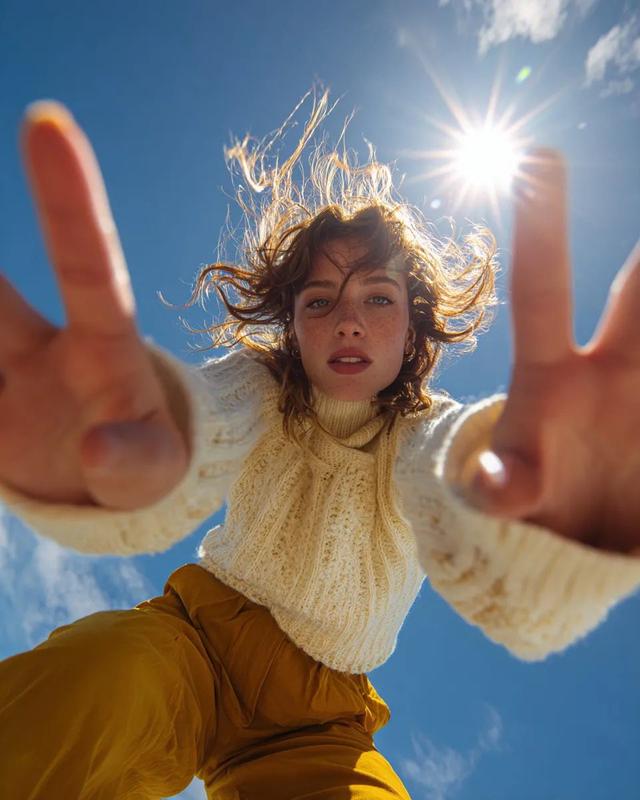 Fisheye Low-Angle Backlit Wind-Blown Outdoor Portrait