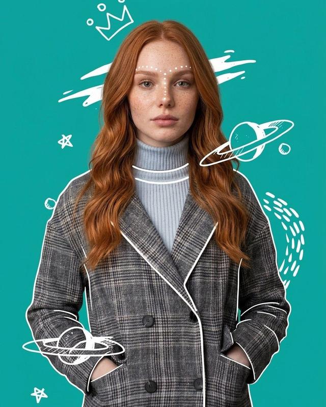 Teal Background Red Hair Doodle Creative Editorial Portrait