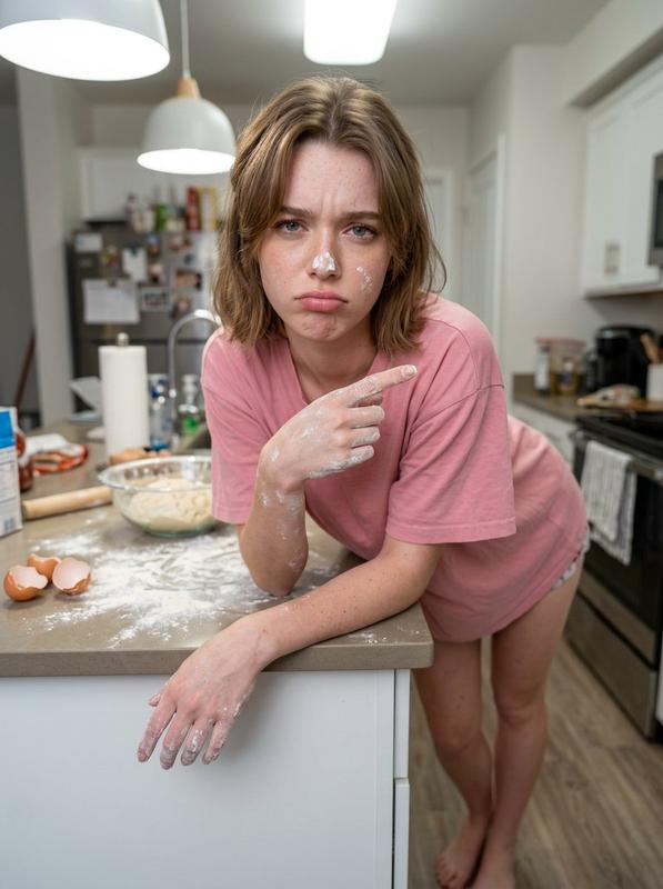 Messy Kitchen Flour Cheek Pink Tee Pouting Portrait