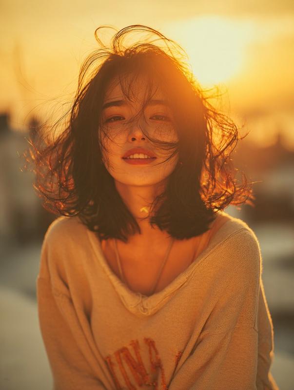 Urban Rooftop Backlit Wind-Blown Hair Cinematic Portrait