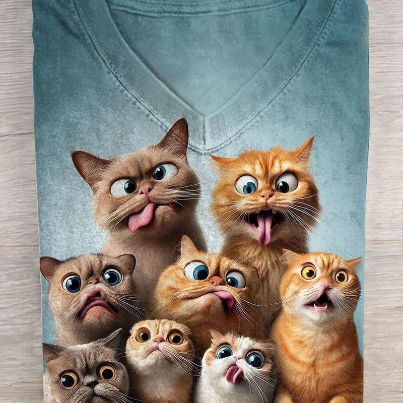 V-Neck Tee 8 Cartoon Cats Print Product Photography