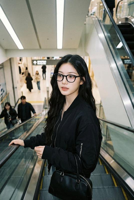 Escalator Lady Horn-Rim Glasses Bomber Jacket Candid