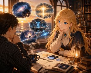 Anime Scholar with Cosmic Holograms
