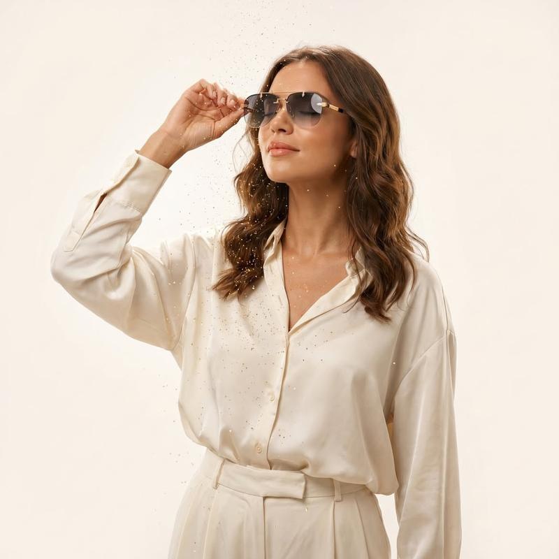 Cream Silk Blouse Golden Dust Particles Luxury Fashion Portrait