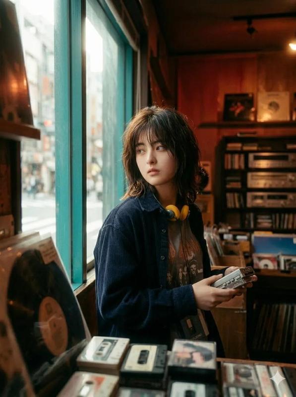 90s Japanese Indie Record Store Sony Walkman Retro Cinematic Portrait