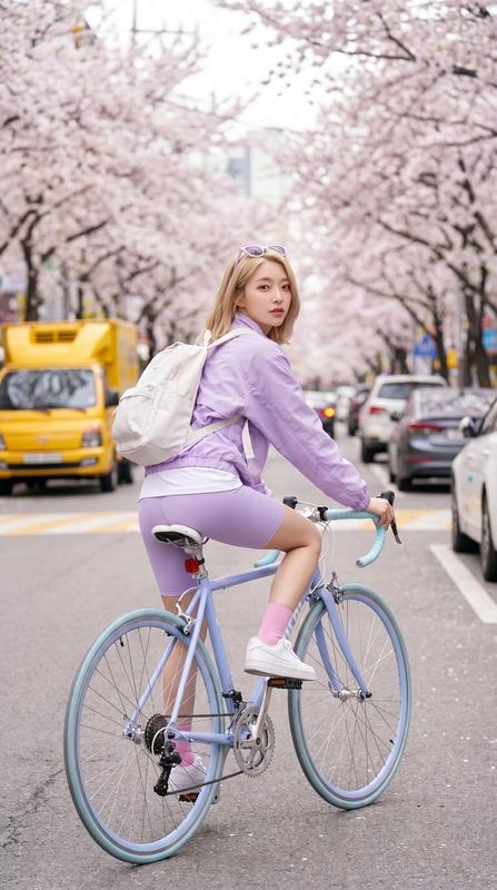 Cherry Blossom Street Lavender Cycling Pastel Spring Editorial Portrait
